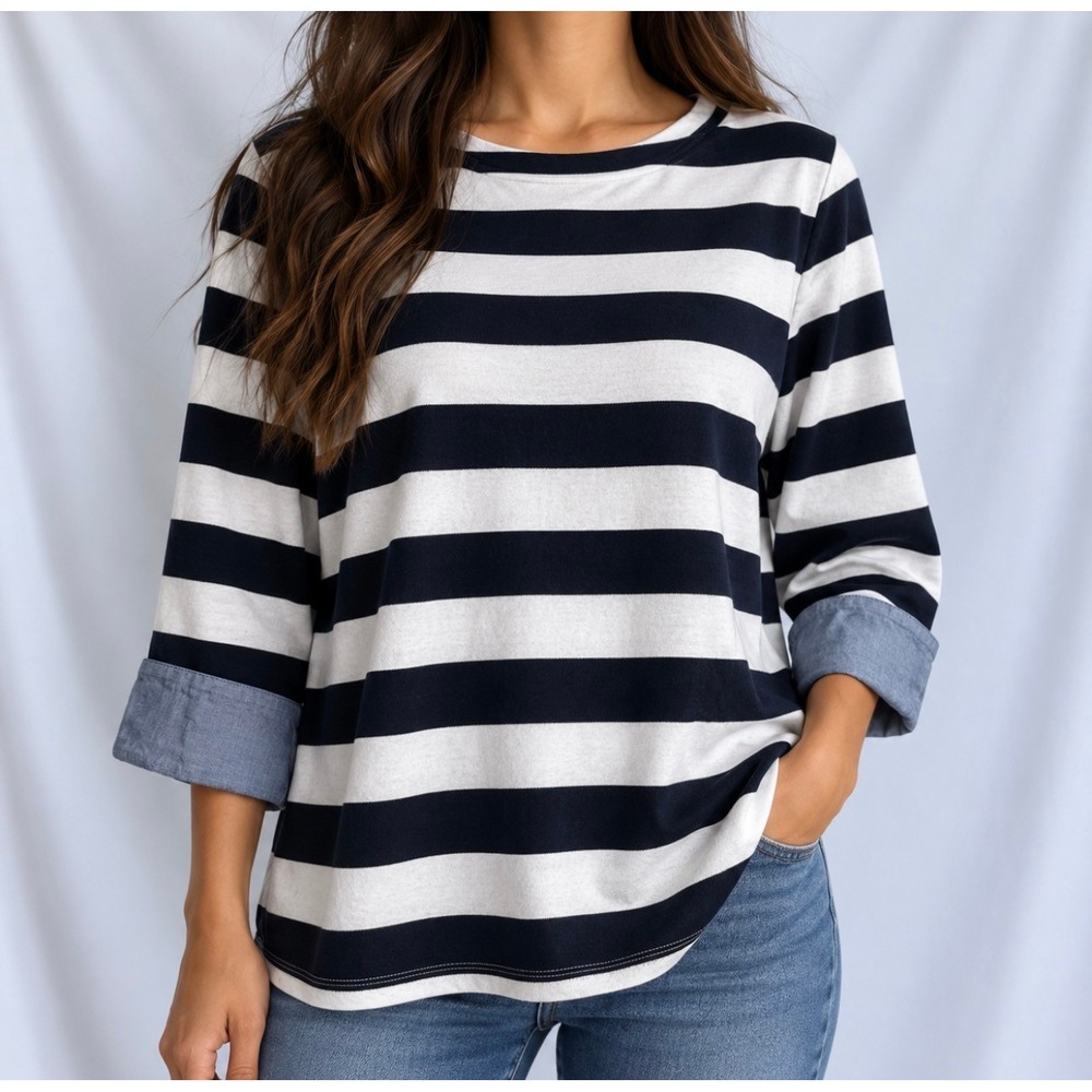 Nautica Striped Shirt Size L Navy White Good 100% Cotton Boat Neck Cuffed Sleeve